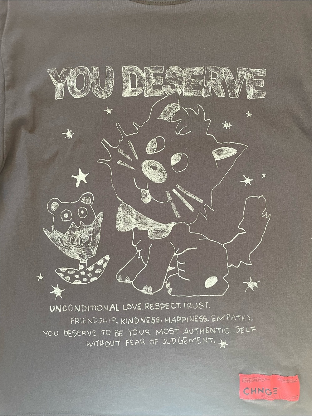 CHNGE Organic Cotton Fair Trade Boxy Fit Graphic Tee T Shirt YOU DESERVE Cat - Picture 2 of 10
